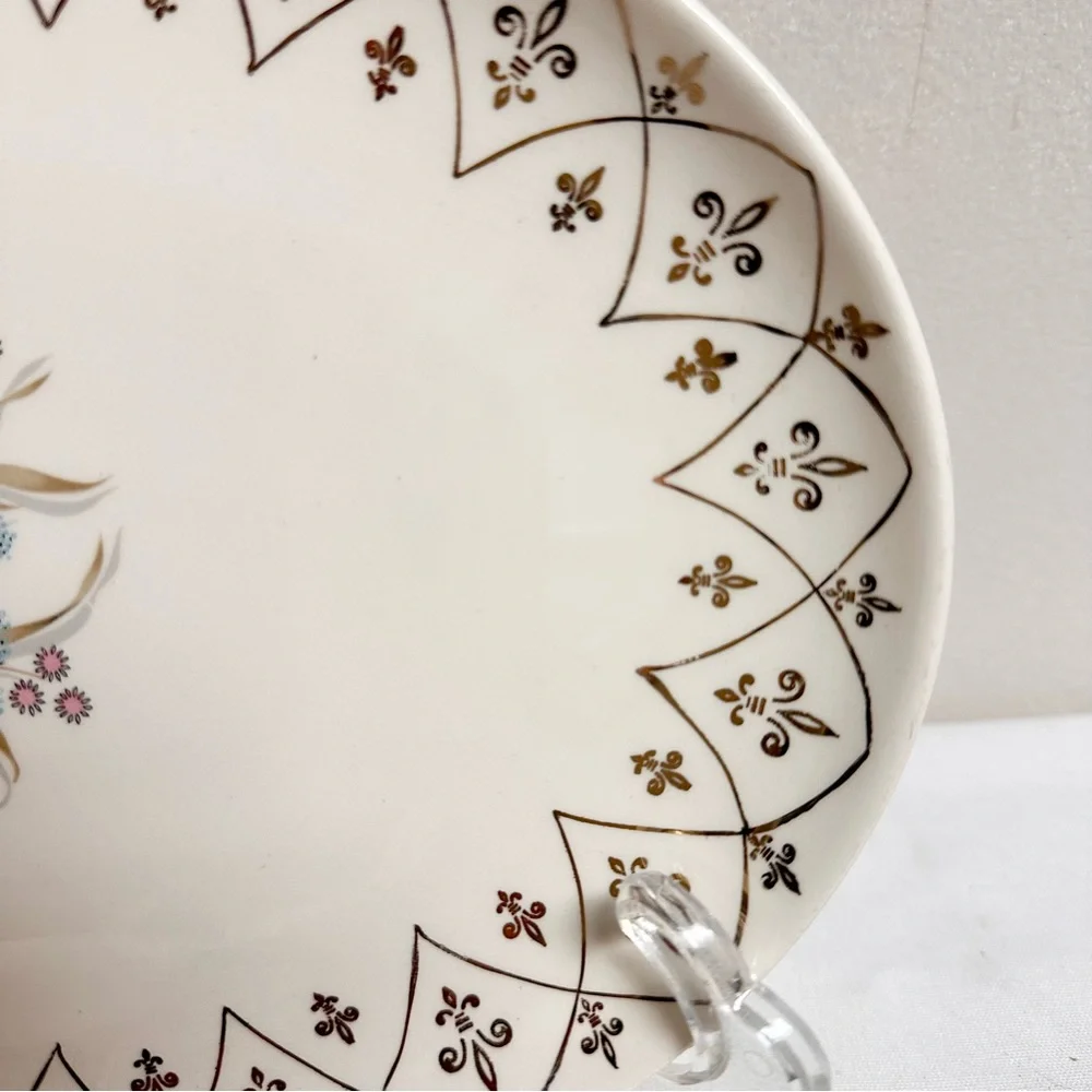 Vintage Floral Thistle Pattern Oval Serving Platter with Gold Fleur des Lis Rim